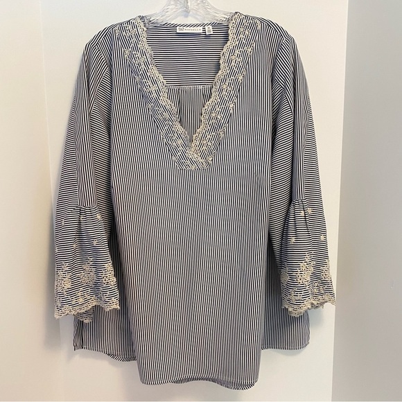 Rafaella Tops - Rafaella Women's Embroidered Bell Sleeve Stripe Top Blue White Plus Size 1X